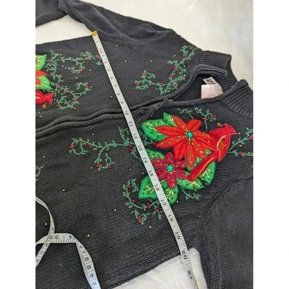 Poinsettia and cardinal holiday zip up cardigan sweater, black women's size 12 - Picture 8 of 9
